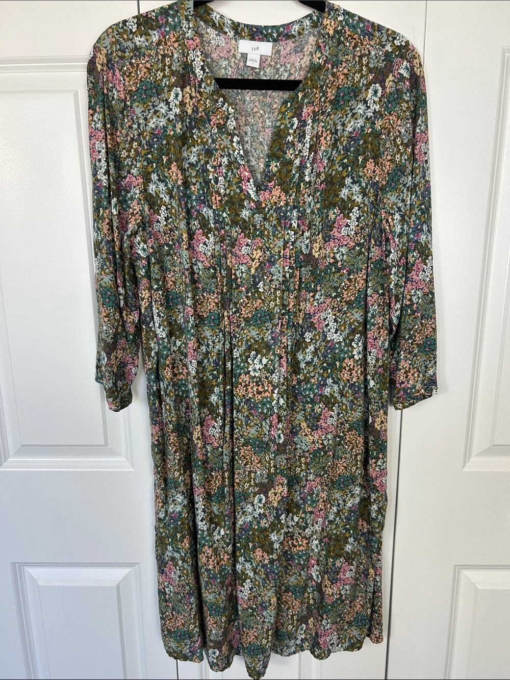 J. Jill Olive Floral V-Neck Midi Dress with Pink and Cream Accents